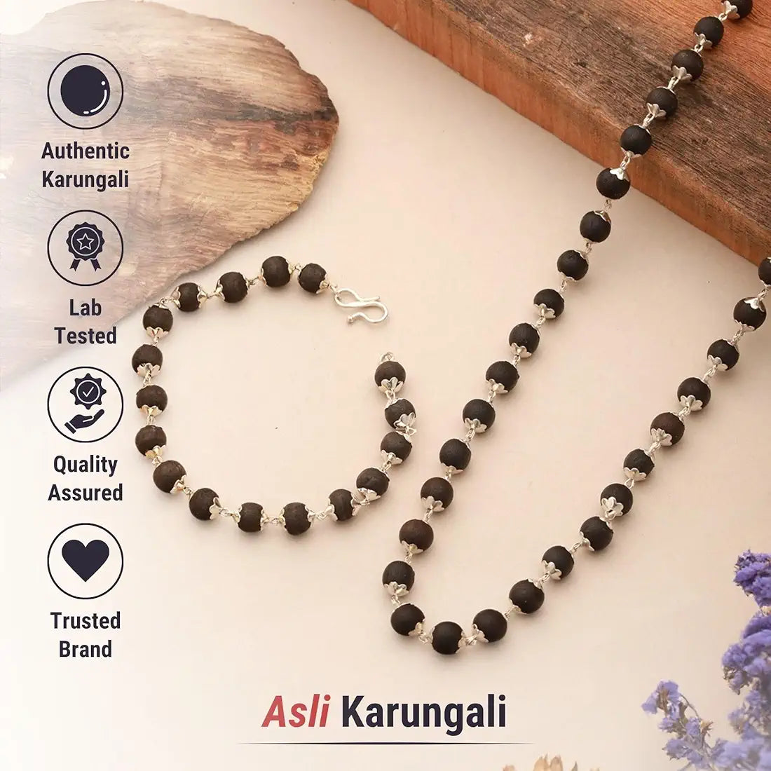 Silver Plated Karungali Mala + Karungali Bracelet Combo
