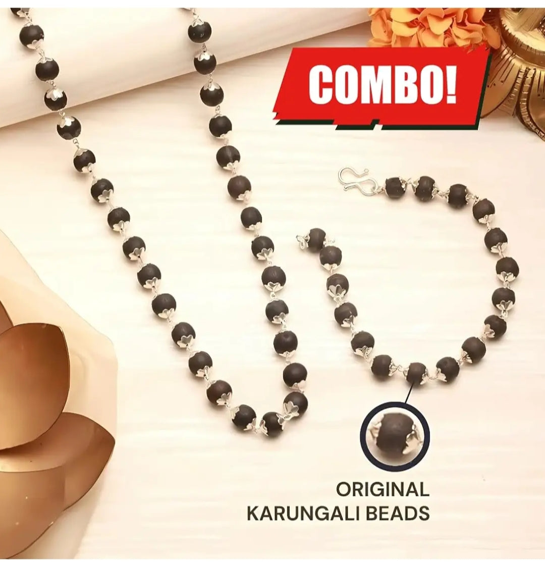 Silver Plated Karungali Mala + Karungali Bracelet Combo